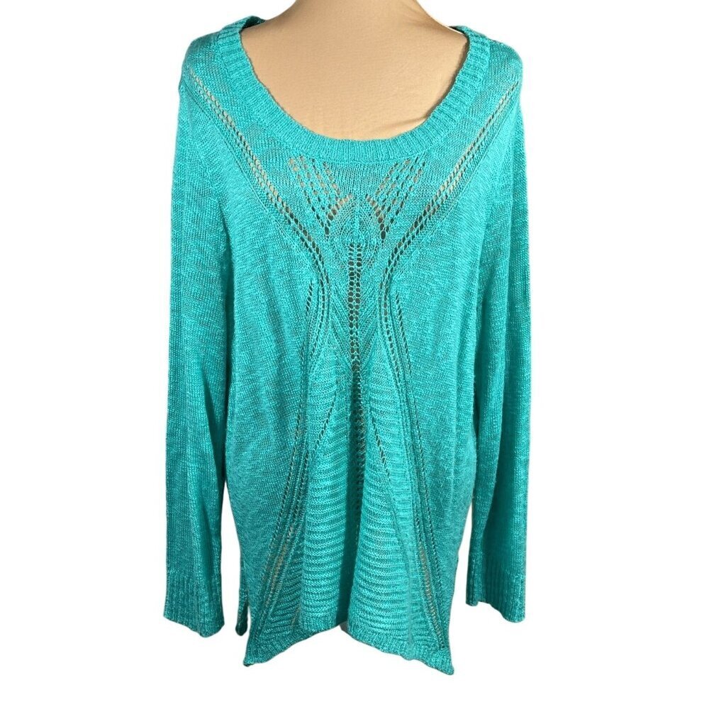 Cato Open Knit Sweater Teal Green Scoop Neck Lightweight Size 22/24